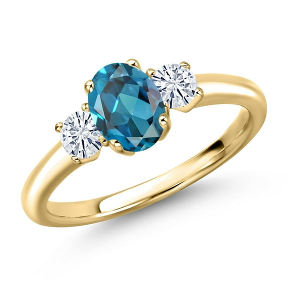 Gem Stone King 10K Yellow Gold London Blue Topaz and White Moissanite Engagement Ring for Women | 1.32 Cttw | Oval 7X5MM | Gemstone November Birthstone | Size 7