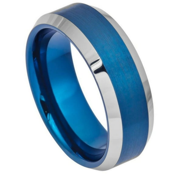 8mm Tungsten Carbide Blue IP Brushed Center High Polished Beveled Edge Wedding band Ring for Men and Ladies