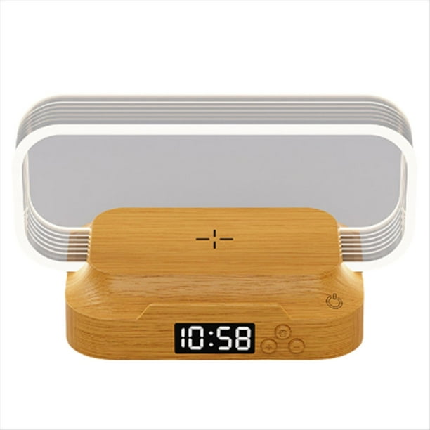 Luz de Noche con Despertador para Dormitorio, Lámpara Táctil con Cargador Inalámbrico, Luz de Despertador Regulable.
