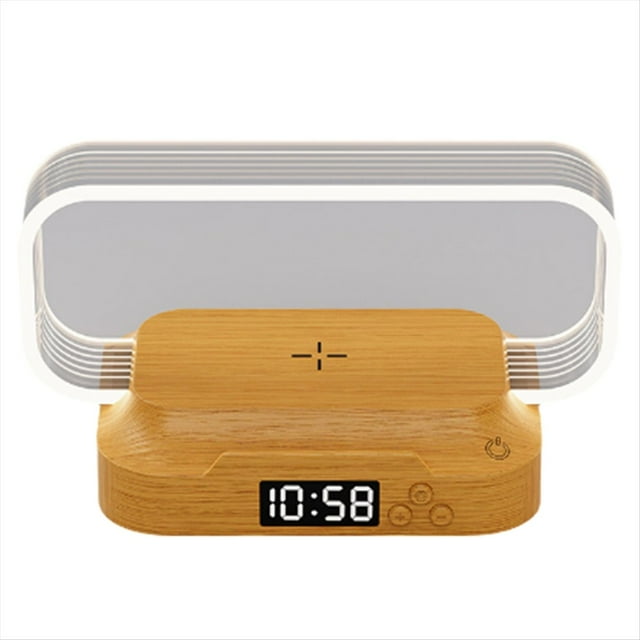 Luz de Noche con Despertador para Dormitorio, Lámpara Táctil con Cargador Inalámbrico, Luz de Despertador Regulable.