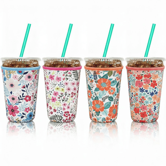 4 Pack Iced Coffee Sleeve,reusable Neoprene Cup Sleeves Suitable For Beverage Sleeves For Hot And Cold Coffee Or Ice Drink Coffee cup sleeve for Most coffee cup(flowers, 22-24 OZ)