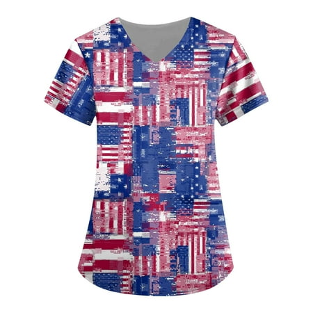 

Sksloeg Women Scrubs Tops Plus Size American Flag Print Patriotic Top V-Neck Workwear Short Sleeve T-Shirts with Pockets Nursing Working Uniform Dark Blue XXXXL