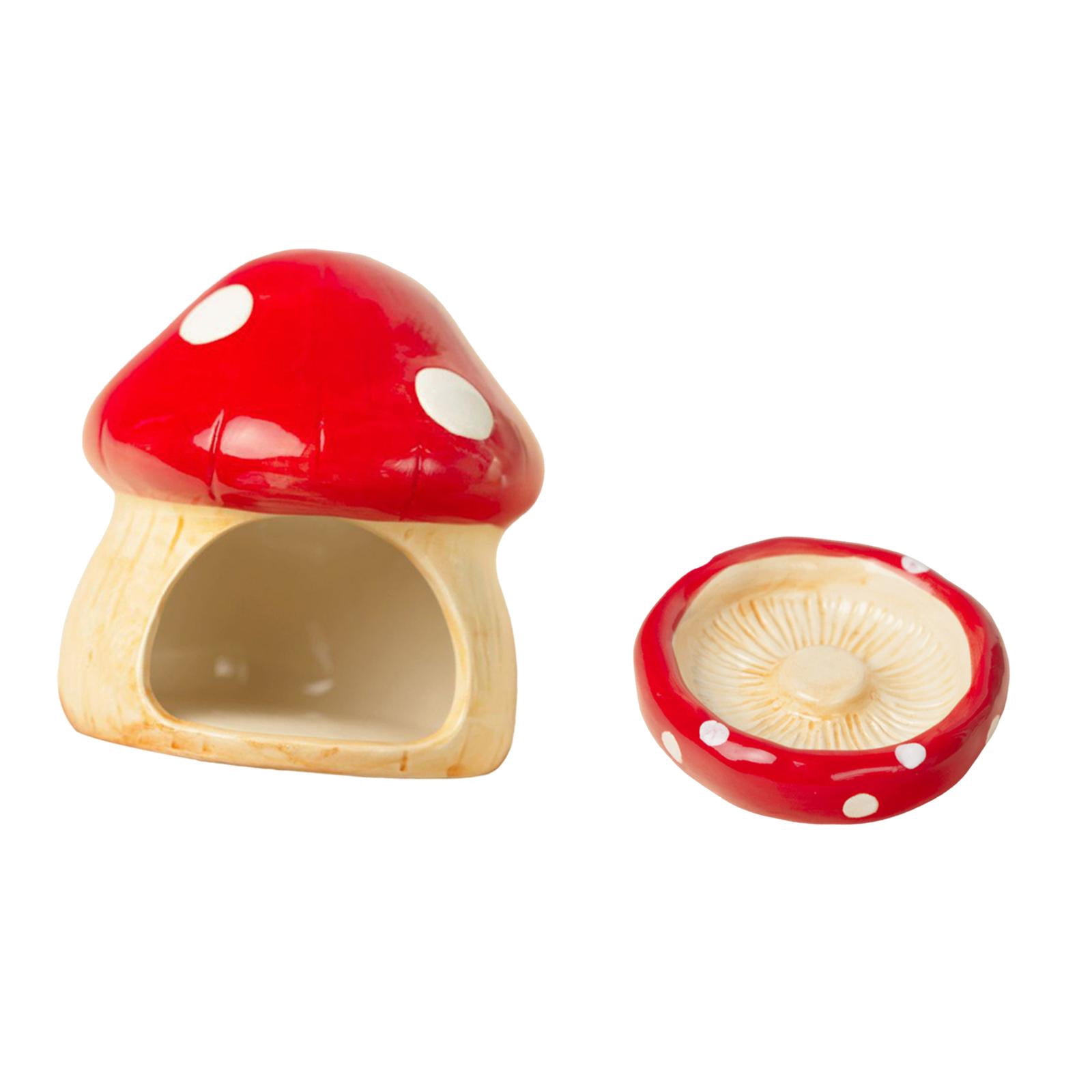 EHJRE Ceramic Hamster House Small Animal Hideout Cave Indoor with Food Feeding Bowl Mushroom Shaped for Hedgehog Small Animals Rats Red