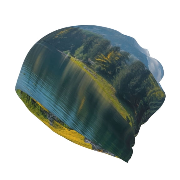 Rateoe Majestic Deer Mountain Lake Cotton Slouchy Beanie Hat for Men/Women,Lightweight Oversize Large Thin Skull Cap Night Sleeping Cap