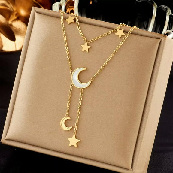 GKNET Women 18K Gold Plated Stainless Steel Star Moon Double Layer Chain Necklace