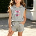 thumbnail image 2 of Girls Cotton 2pc Outfits Summer Printed Sleeveless T-Shirts Hoodies Comfy Shorts Casual Sets with Pockets Gray 5-6 Years, 2 of 6