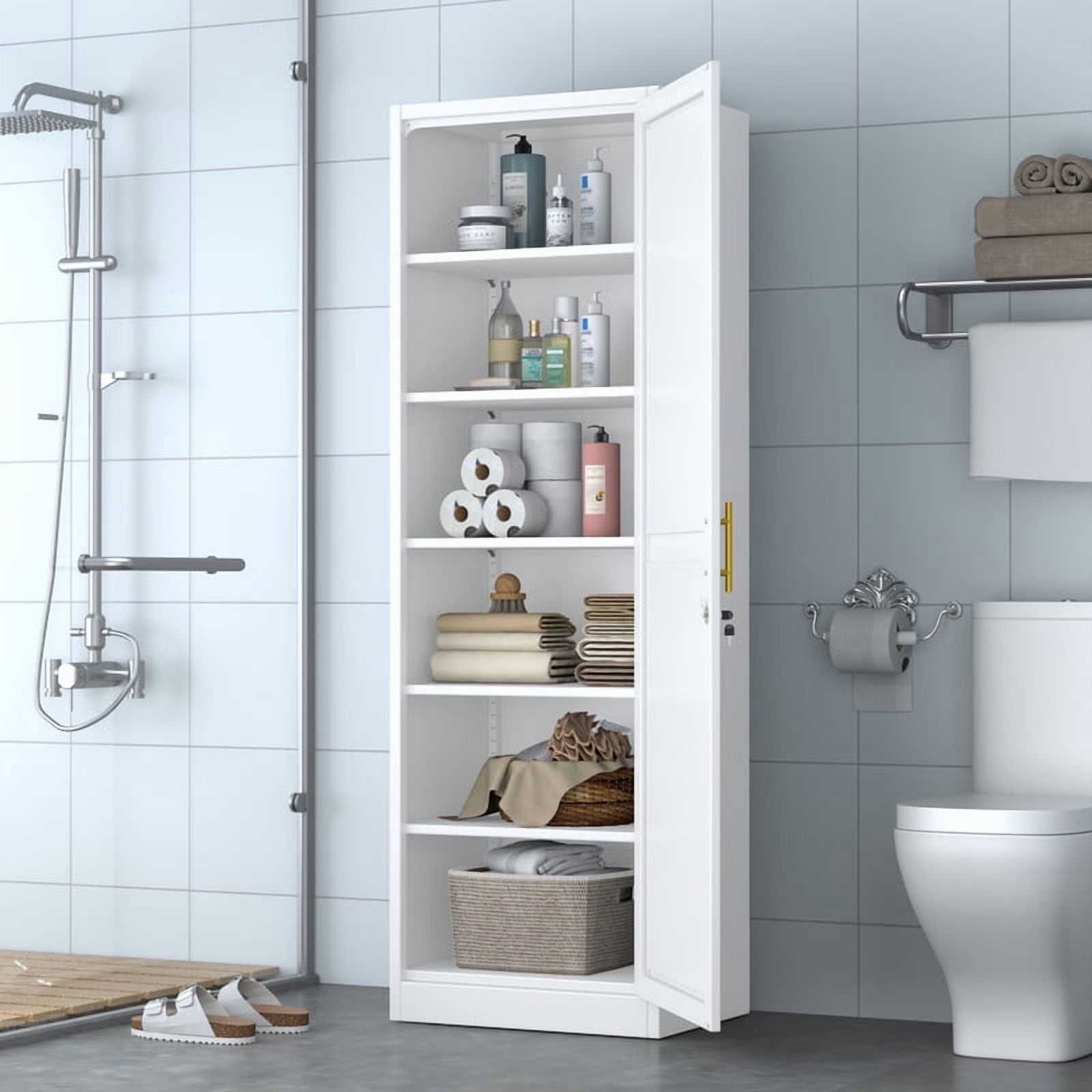 Ero 67" Metal Storage Cabinet with Lock, Tall Narrow Office File Cabinets with 1 Door & 5 Adjustable Shelves