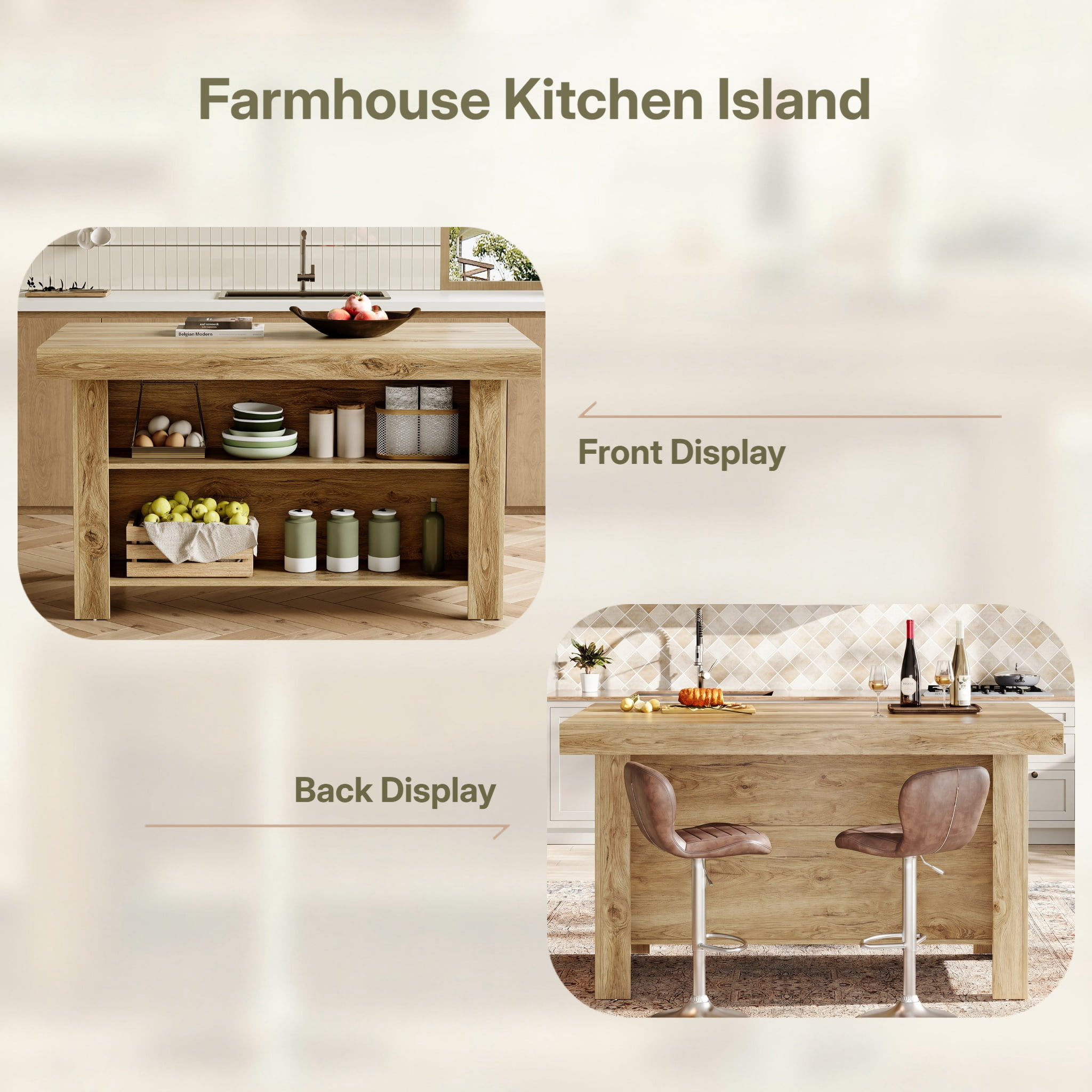 Fnova 55" 3-Tier Kitchen Island with Storage Shelf, Farmhouse Wooden Stationary Island Table with Large Worktop for Kitchen, Light Brown