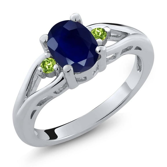 Gem Stone King 925 Sterling Silver Blue Sapphire and Green Peridot 3 Stone Engagement Ring for Women | 1.89 Cttw | Oval 8X6MM | Round 2MM | Gemstone September Birthstone | Size 9