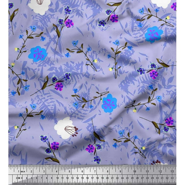 Soimoi Blue polyester Crepe Fabric Leaves & Floral Artistic Decor Fabric Printed Yard 52 Inch Wide