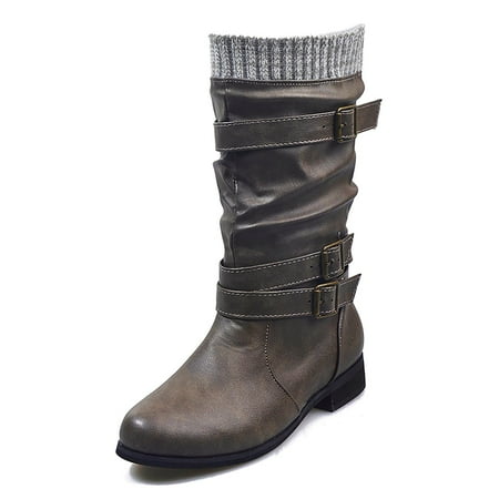 

Egmy Women Boots Winter Buckle Strap Chunky Heels Slip On Retro Ladies Footwear Shoes Gray 5.5(36)