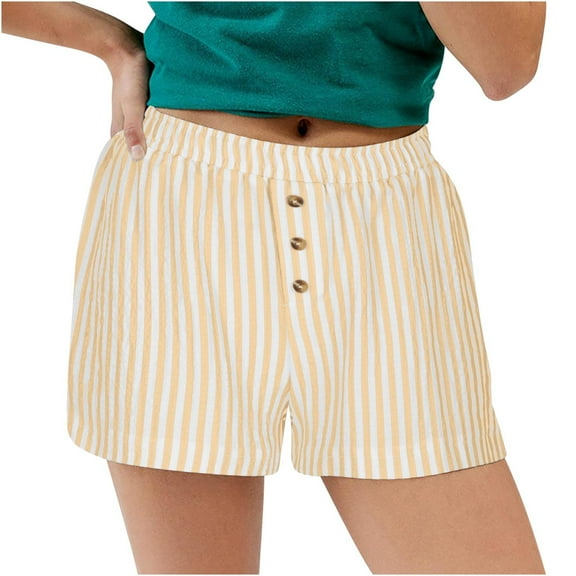 UAMVSH Womens Boxer Shorts Casual Summer Striped Shorts Button Elastic Waist Travel Beach Bottoms Loose Wide Leg Shorts