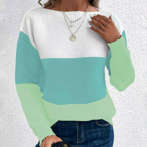Suéter de cuello redondo para mujer, suéter de punto con empalme de color en contraste, cuello redondo, manga larga, blusa para mujer