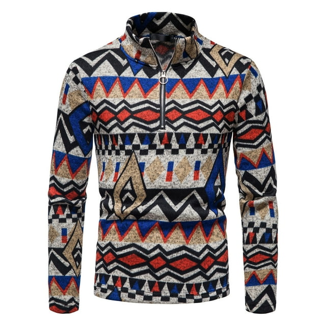 EGNMCR Chandail pour Homme Style Ethnique Demi-Glissière Décontracté Col Montant Chandail à Enfiler pour Homme