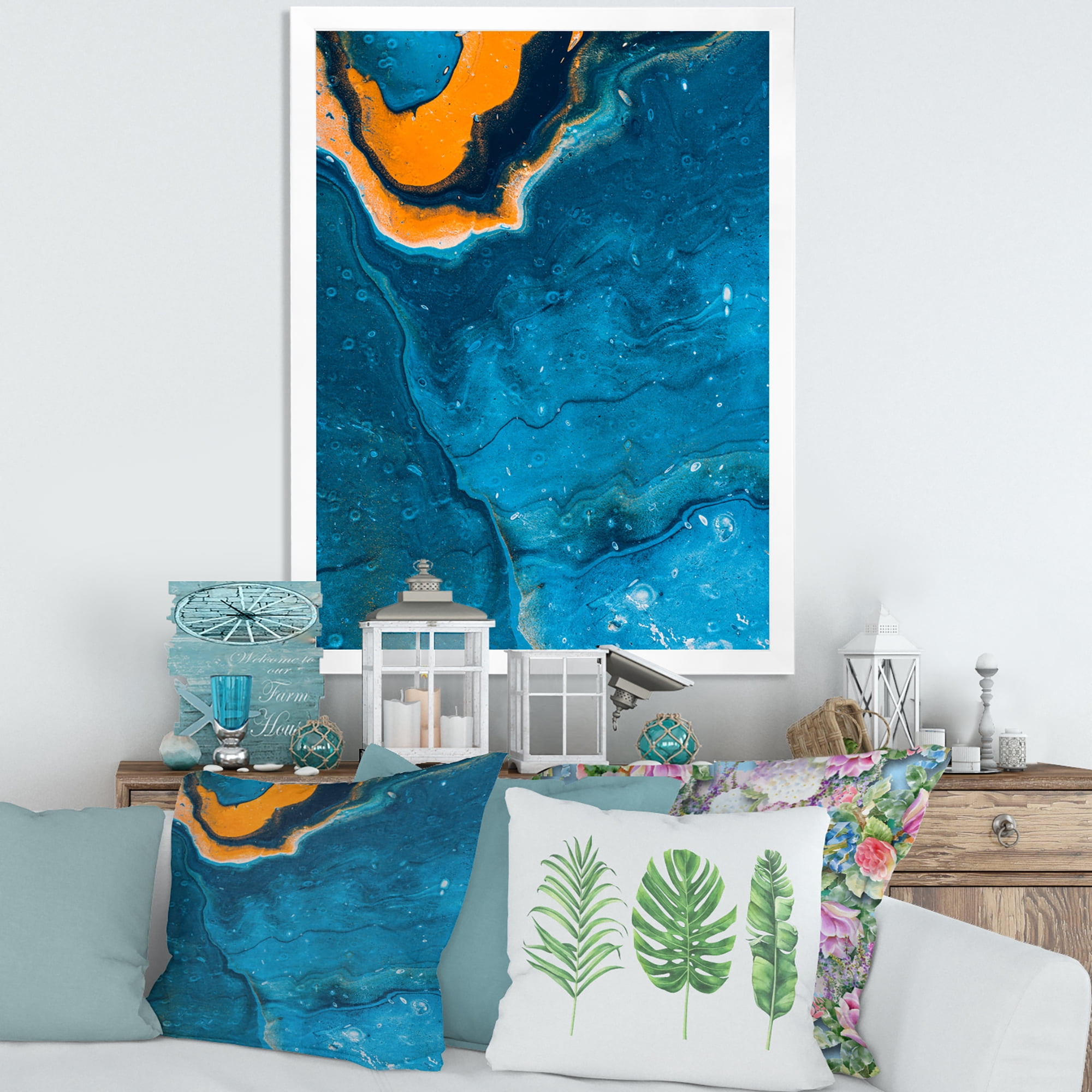 Designart 'Abstract Marble Composition In Orange and Blue III' Modern Framed Art Print