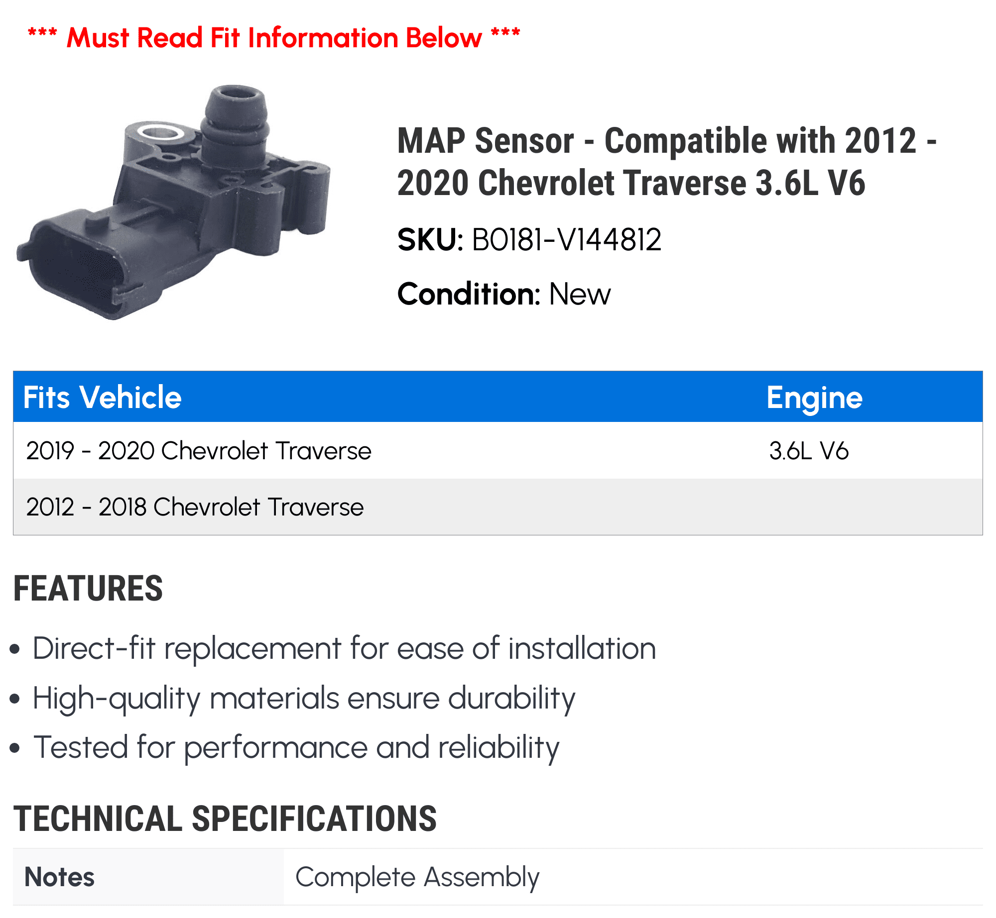 MAP Sensor - Compatible with 2012 - 2020 Chevy Traverse 3.6L V6 2013 2014 2015 2016 2017 2018 2019