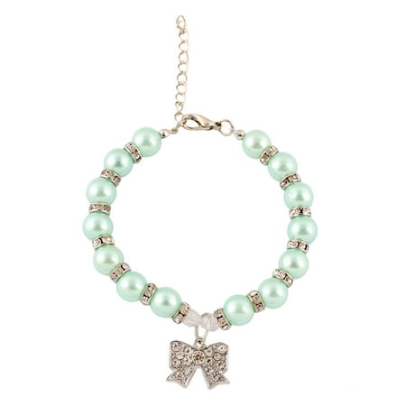 - Rhinestone Mosaic Metal Round Beads Bowknot Pendent Decor Pet Necklace Blue