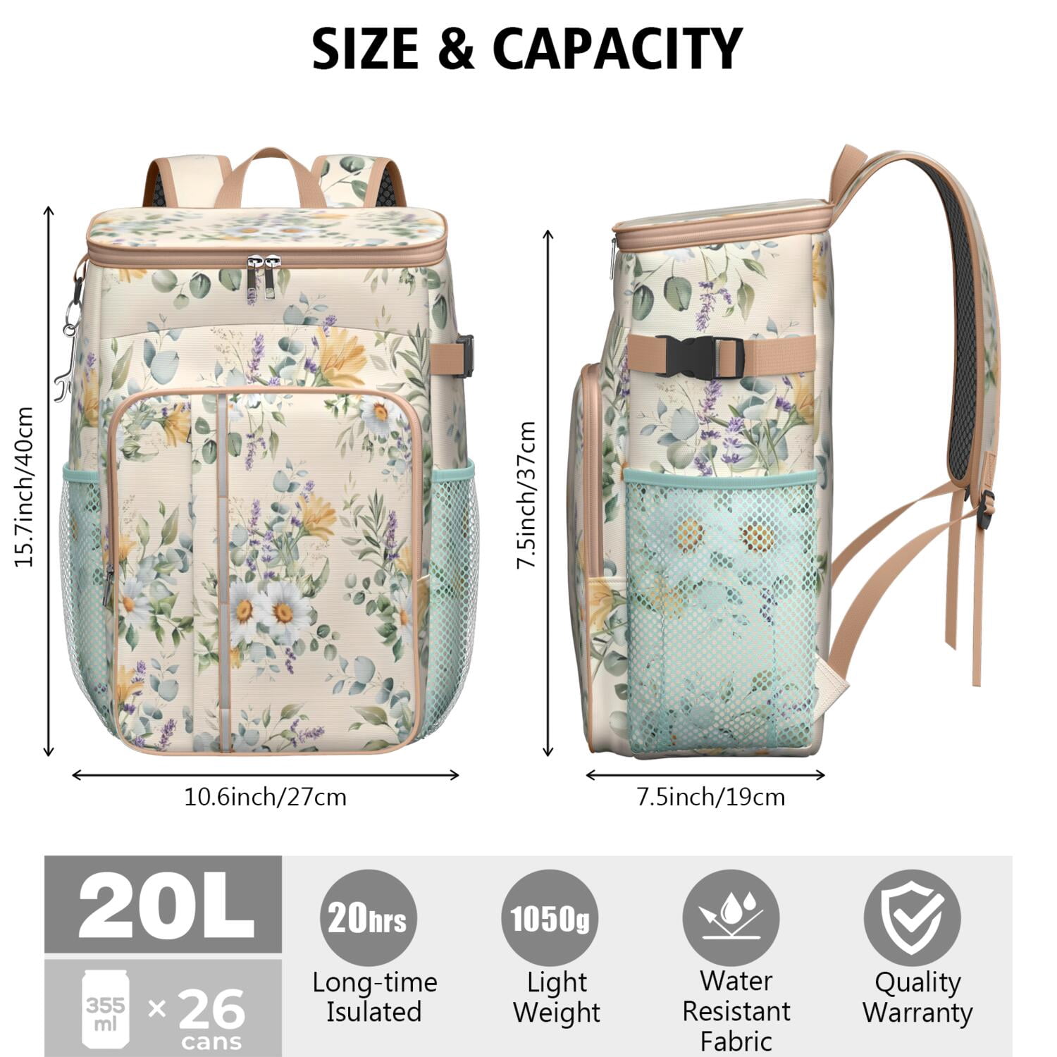 Travel Cooler Bag - Pioneer Flower Floral Print Pattern Camping Beer Cooler Backpack with Bottle Opener- Waterproof Insulated Picnic Backpacks - Cooler Bag for Beach