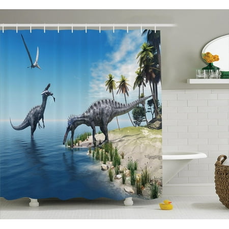 Jurassic Decor Shower Curtain Set, Large Fish Is Caught By A Suchomimus Dinosaur Flying Pterosaur