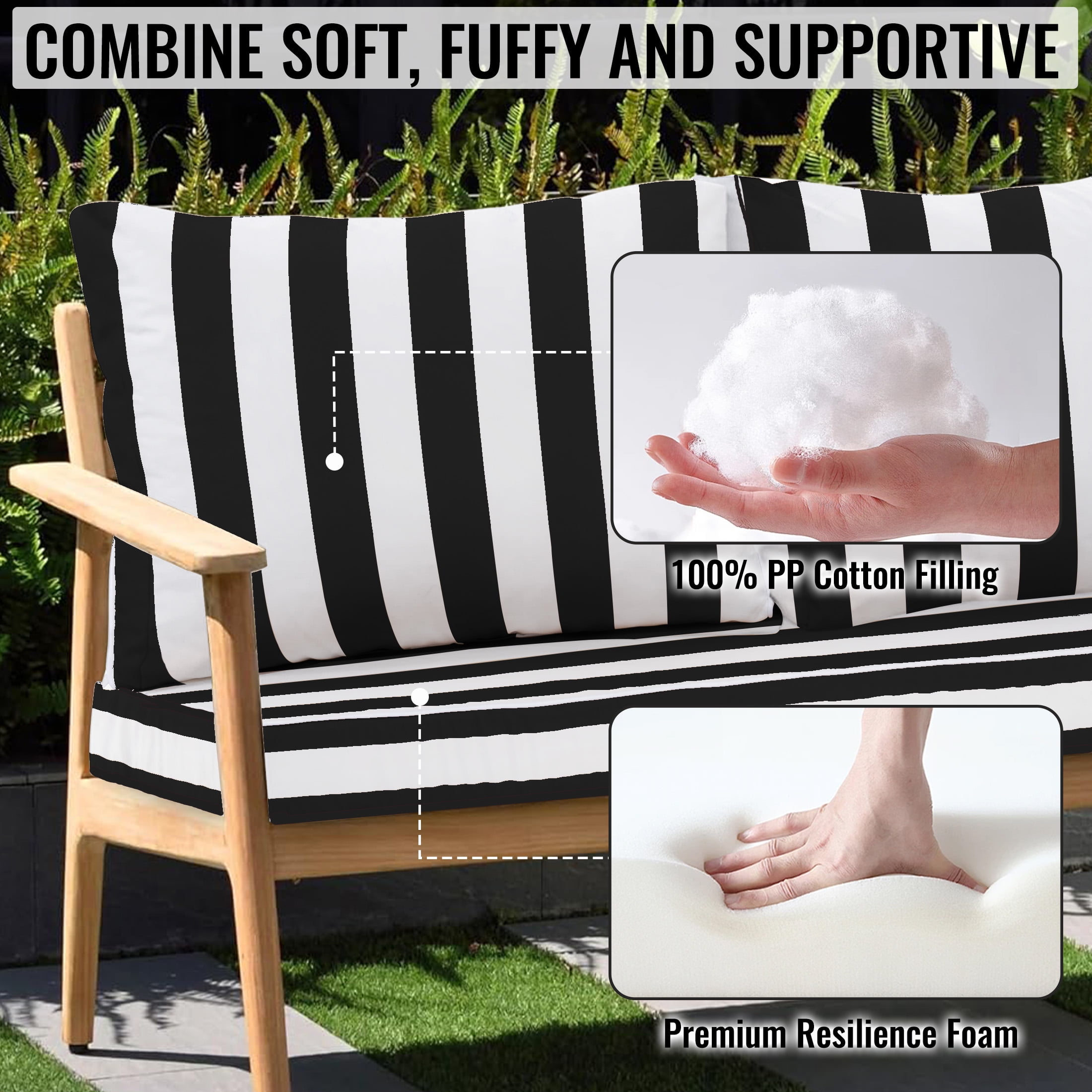 Geemuslly 48 x 24 Outdoor Loveseat Cushion Set, Waterproof & Fade-Resistant Patio Replacement Cushions for Sofa, Bench, or Swing – Thick Seat & Backrest Support,Black & White Stripes