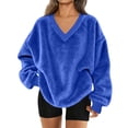 thumbnail image 2 of Resicozy Fuzzy Flannel Sweatshirt for Women Fluffy Pullover Sweaters Long Sleeve Oversized V Neck Sweatshirt Blue XL, 2 of 9