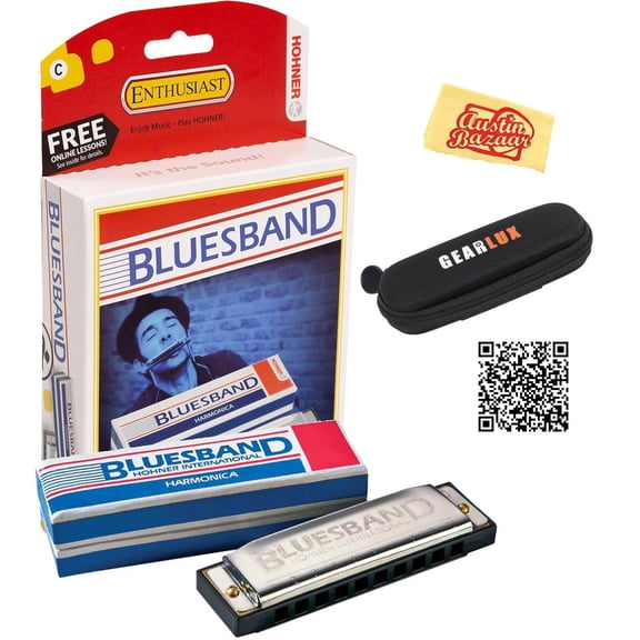 Hohner Blues Band Harmonica - Key of C Bundle with Case, Pouch, Online Manual, and Austin Bazaar Polishing Cloth