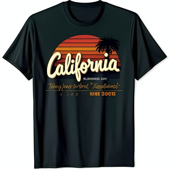 California Sunset Graphic Black T-Shirt with Tree & Running Day Design