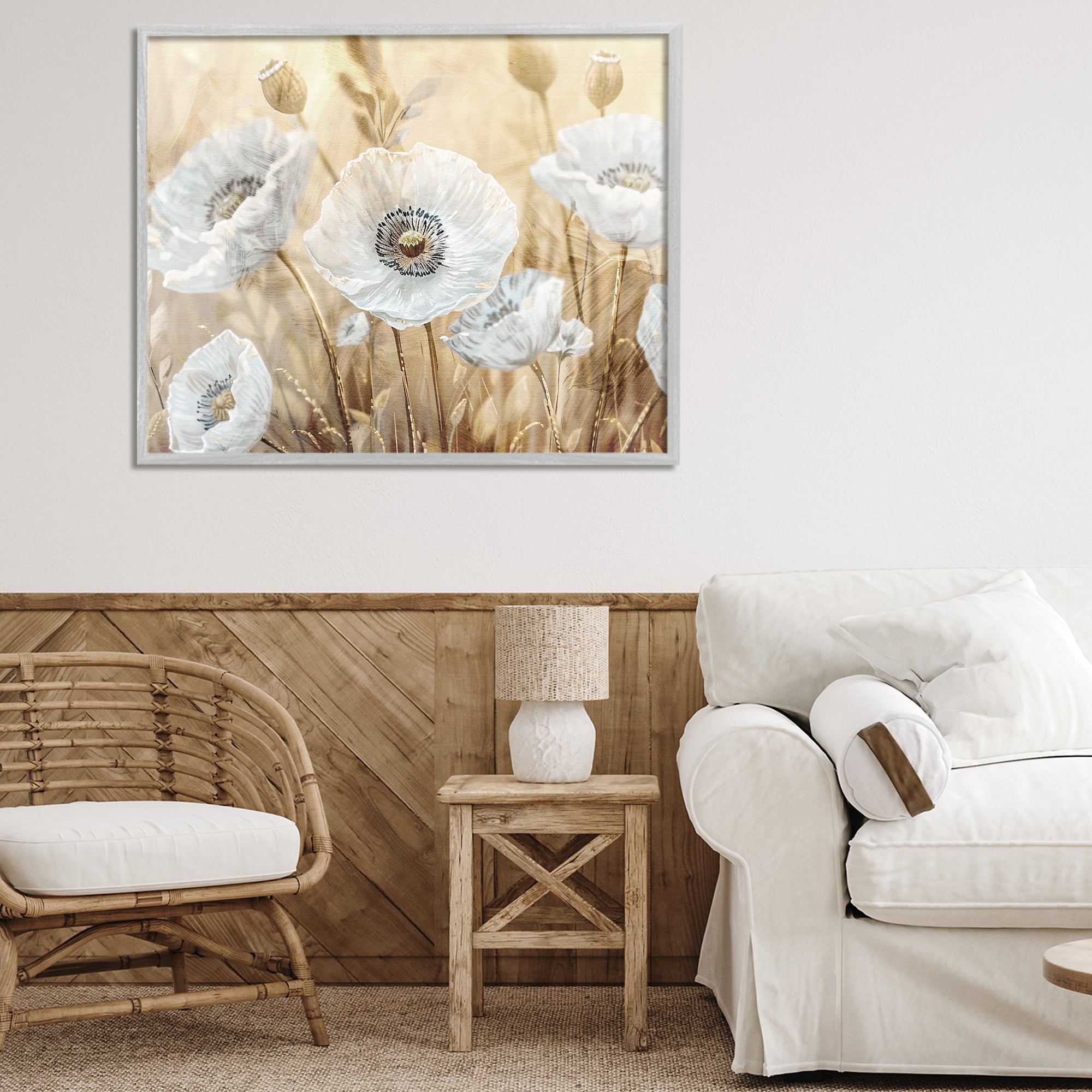 Stupell Industries White Poppies Beige Field Gray Framed Giclee Art, design by Kim Allen