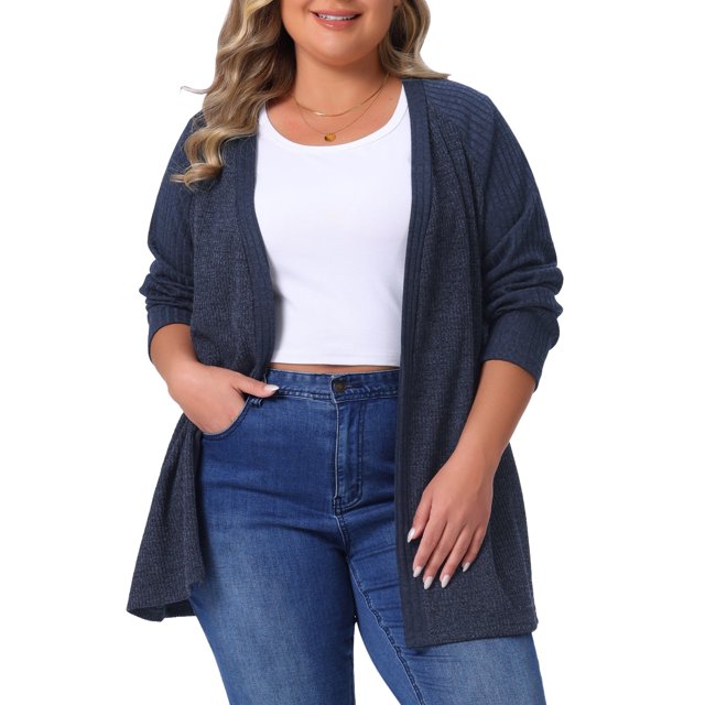 Suéteres de talla grande para mujeres Agnes Orinda, de manga larga, casuales, sueltos, cárdigans de punto abiertos 2X azul oscuro