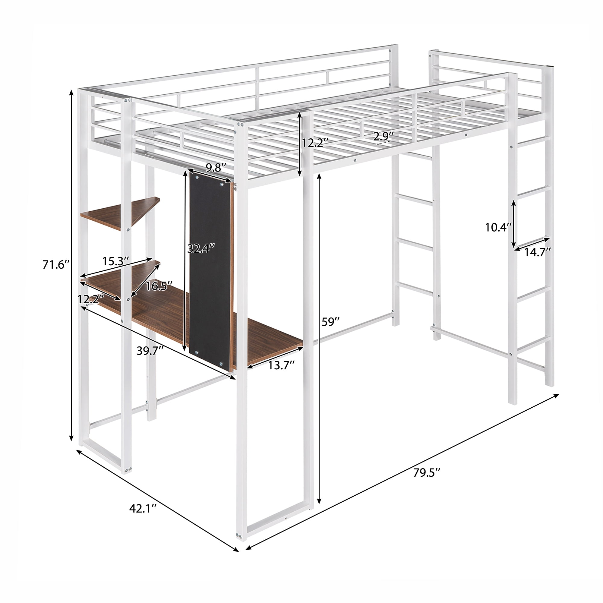 Gewnee Metal Twin Size Loft Bed with Desk, Two Shelves and Built-in 2 Ladders for Kids Teens,White