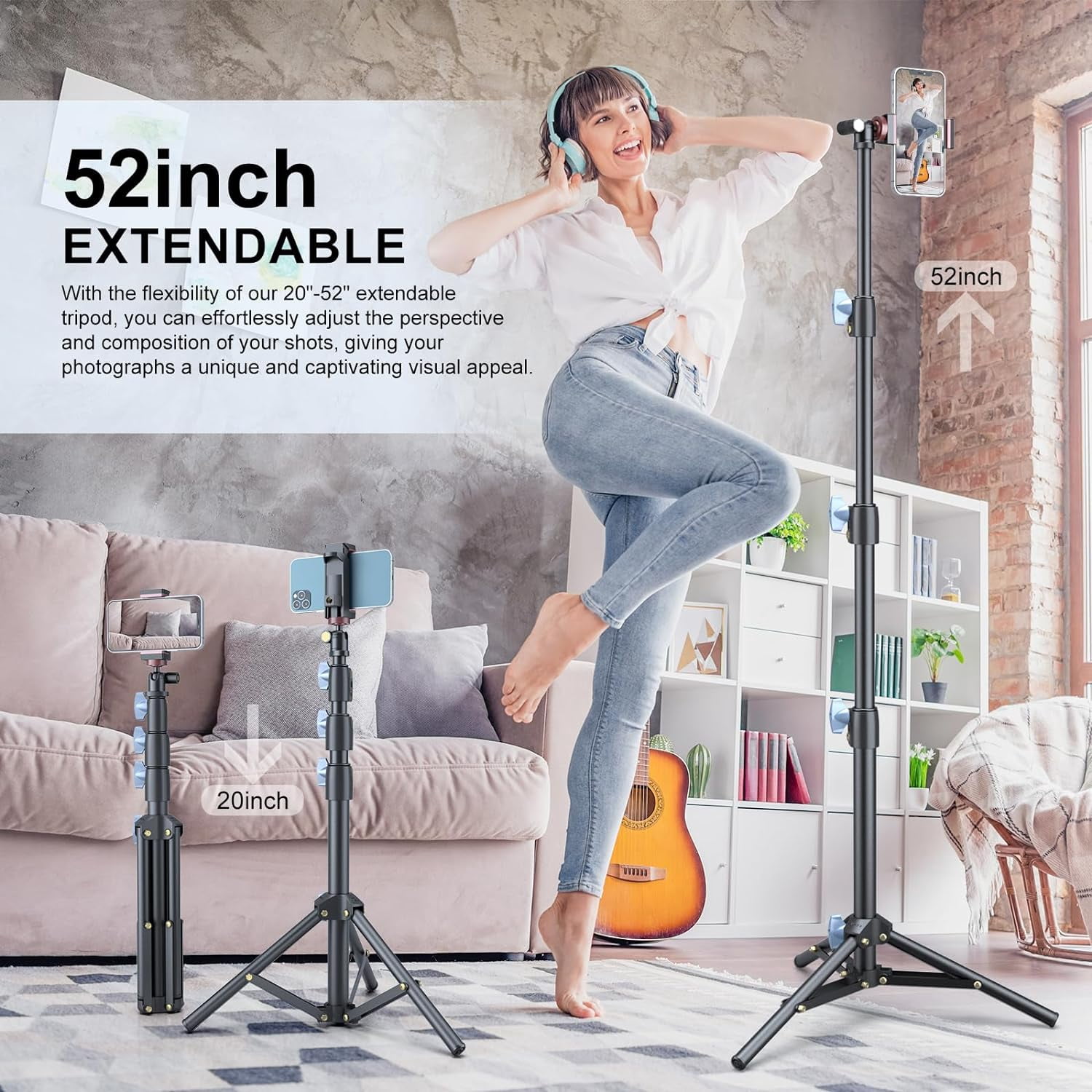 LINCO Adjustable iPhone iPad Selfie Stick Tripod 52” Bluetooth Remote Mic Stand Tablet Holder -Black
