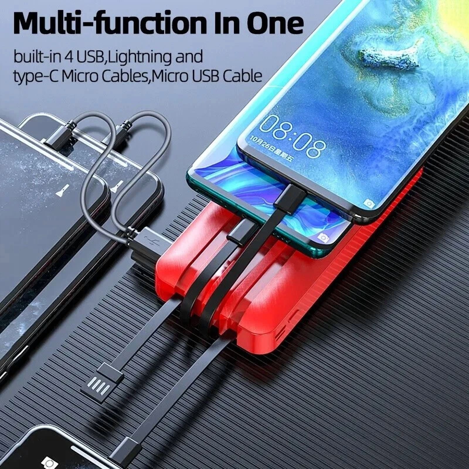 Portable Power Bank 20000Mah Fast Charging Battery With 4 Built In Cables Red