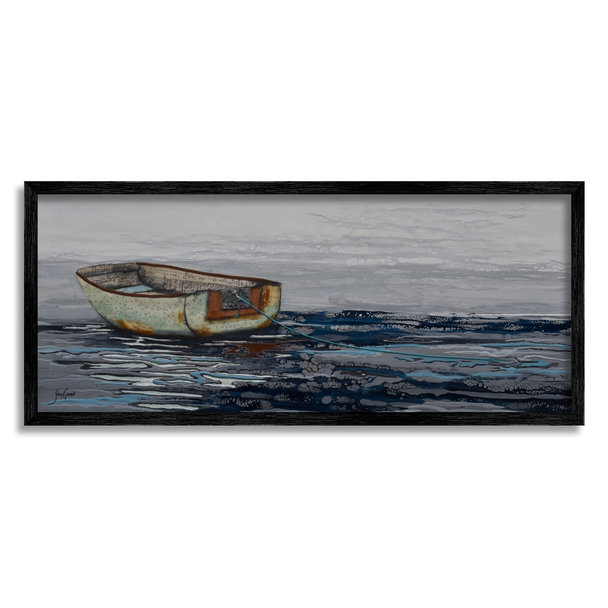 Stupell Industries Collaged Dinghy Boat Drifting Vast Ocean Sea Painting Gray Framed Art Print Wall Art, Design by Stacy Gresell