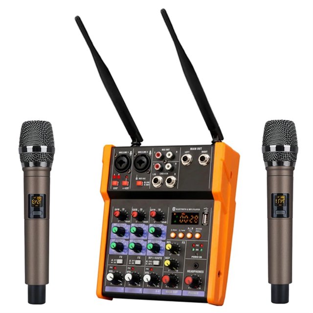 Woopker 4-Channel Audio Mixer Console with Wireless Microphone Sound Mixing USB input DJ Mixer ,Reduced Noise