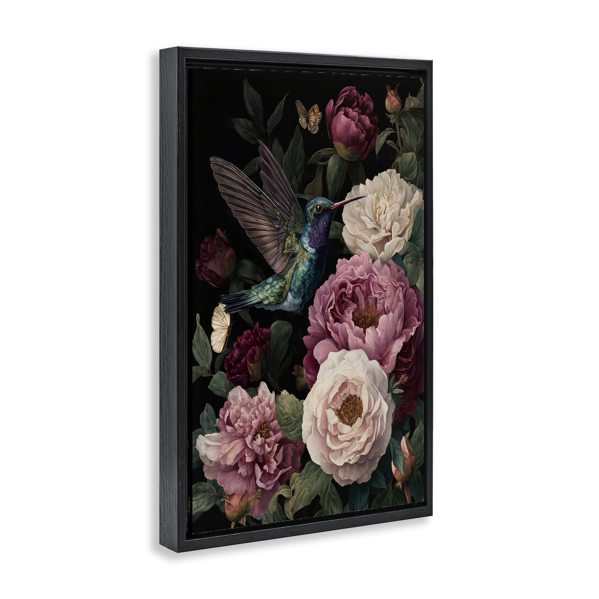 Stupell Industries Hummingbird & Lush Peonies Black Framed Floater Canvas Wall Art, design by The Wands Want