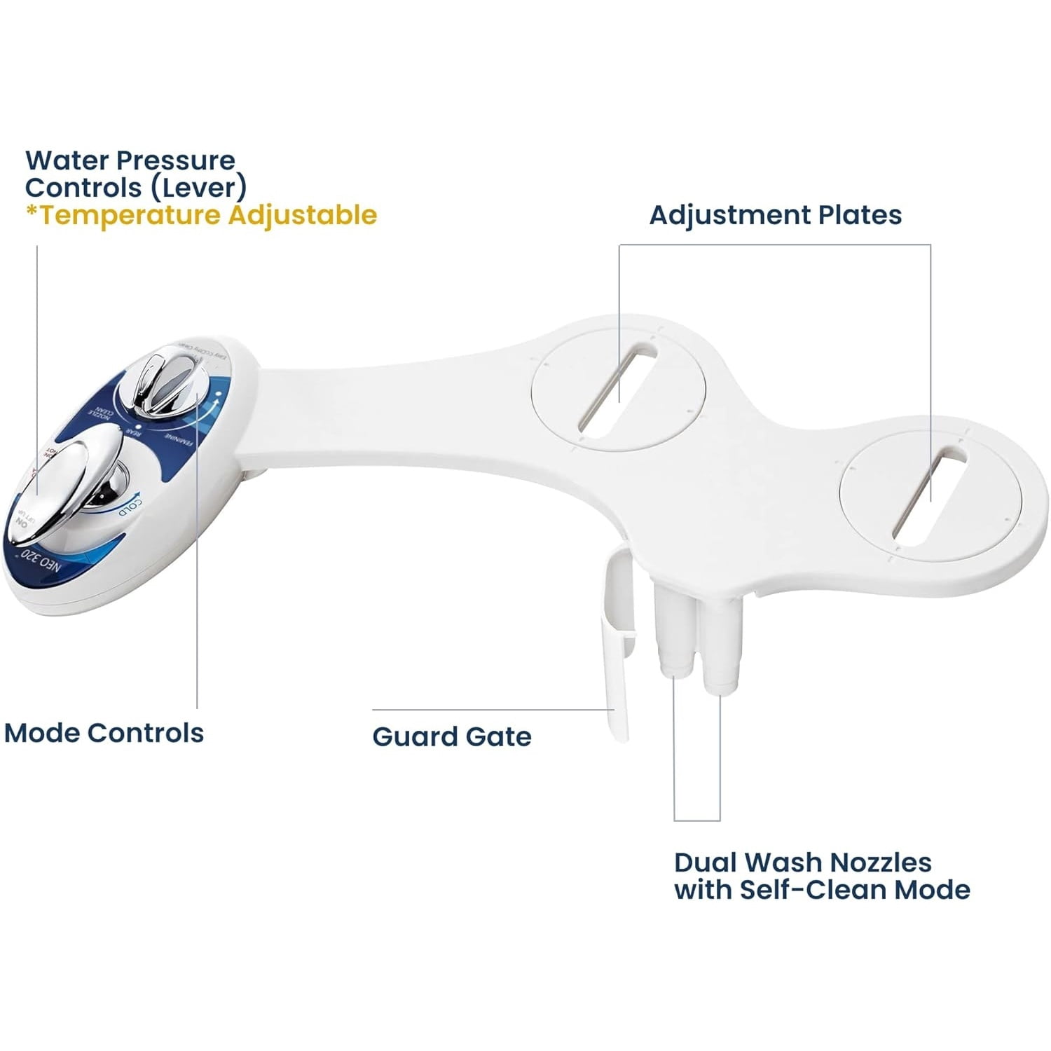 Warm Water, Dual Nozzle, Self-Cleaning, Non-Electric Bidet Attachment for Toilet Seat, Adjustable Water Pressure, Rear & Feminine Wash (Blue)