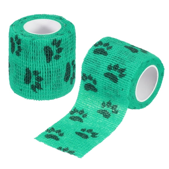 Uxcell Pet Wrap Bandages, 2 Inch 5 Yard Self Adhesive Bandage Wrap, Pet Non-Woven Tape First Aid Cohesive Gauze, (Green/Paw, 2 Pcs)