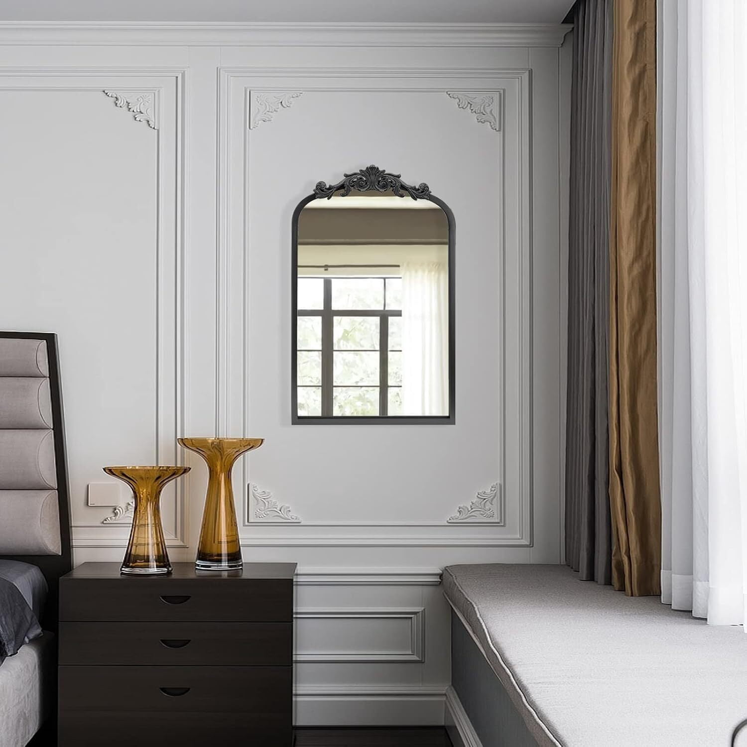 Lumora 26"x38" Arched Vintage Wall Bathroom Mirror, Black