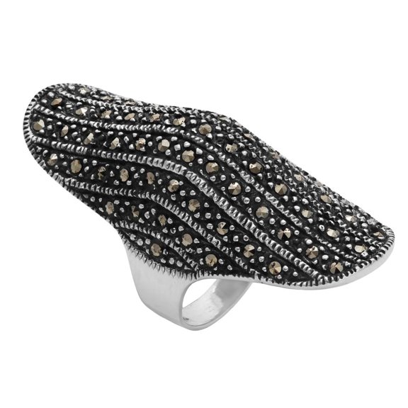Silver Women's 925 Sterling Silver Oxidized Simulated Marcasite Long Oval Curved Shield Ring