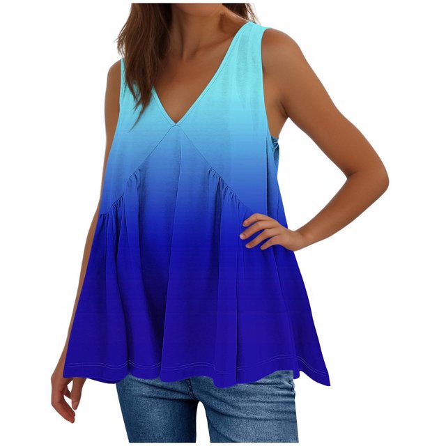 Plebaso V Neck Tank Tops for Women Gradient Color Ruffle Shirts Flowy Sleeveless Womens Summer Blouses