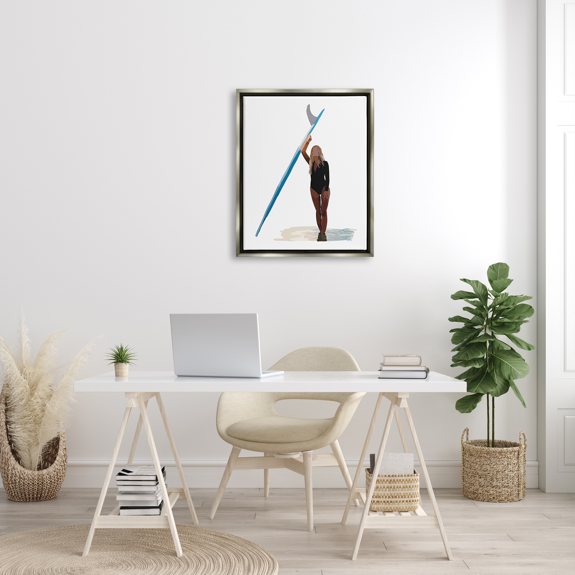 Stupell Industries Athletic Surfing Girl Ocean Beach Summer Sport Graphic Art Luster Gray Floating Framed Canvas Print Wall Art, Design by Amelia Noyes