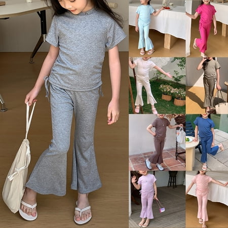 Girl Outfits Drawstring Top with Flared Pants Breathable Summer Set Girls Clothing Sets Light Green 9-10T