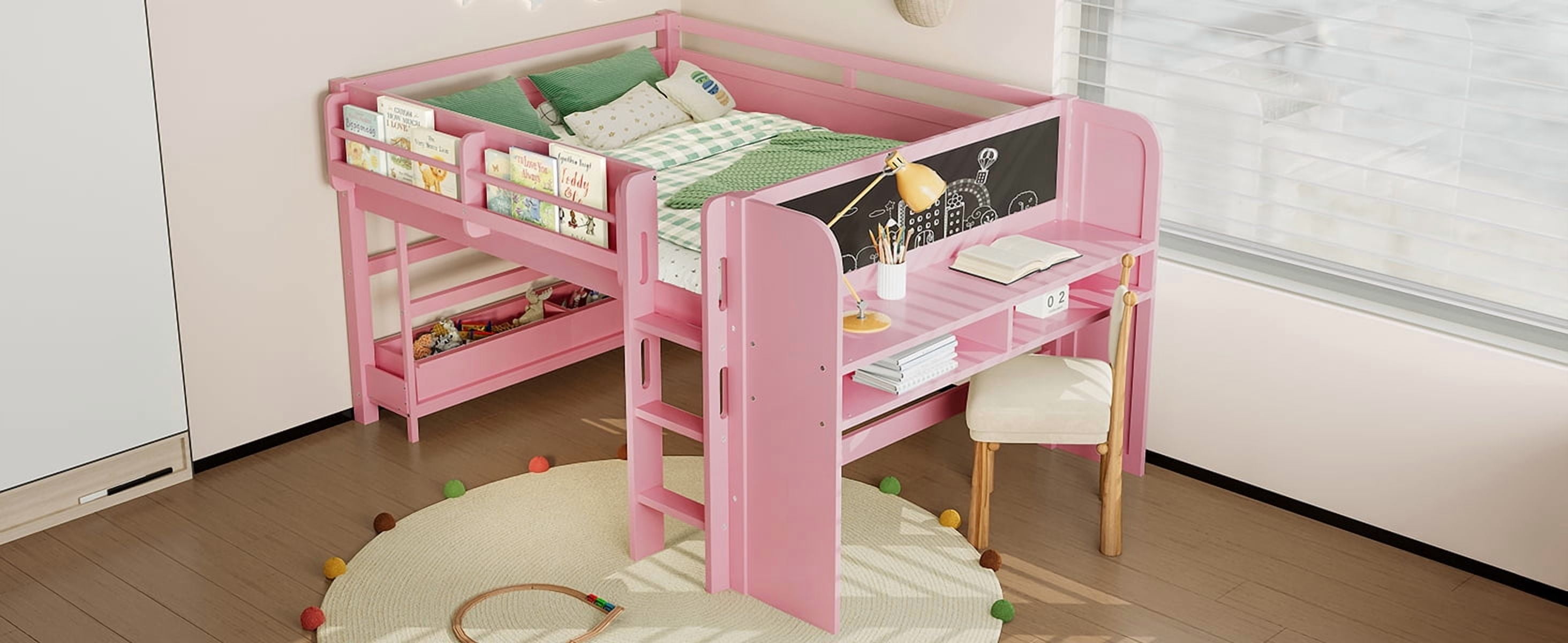 Mintazer Full Low Loft Bed with Desk & Blackboard, Kids Loft Bed with Storage Drawers, No Spring Box Needed, Pink
