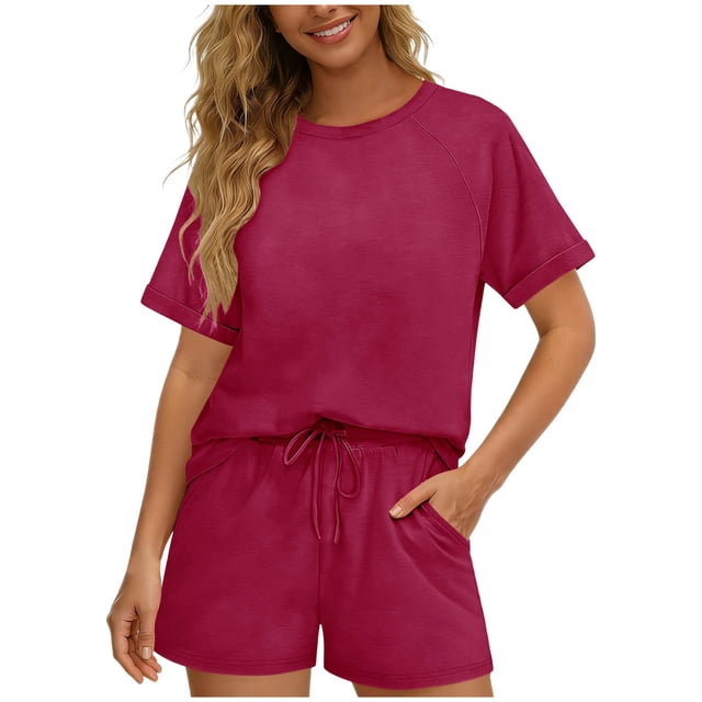 TaTaai Women's Short Sleeve Top and Shorts Set Round Neck Design Elastic Waist Shorts with Pockets Solid Color Casual Two Piece for Summer Daily Activities Gift