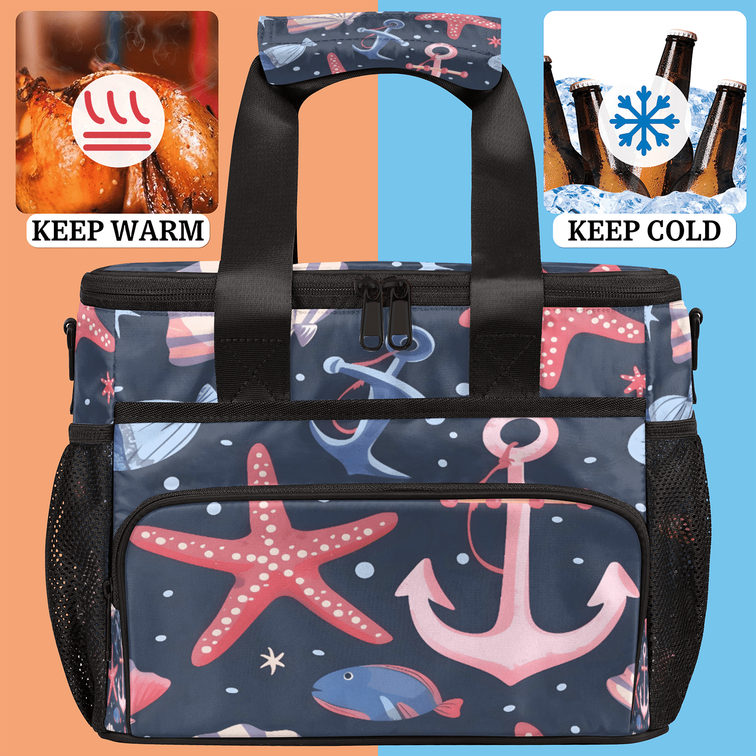 Herdesigns Nautical Starfish Shell Anchor Large Lunch Box for Adults Women Men with Adjustable Shoulder Strap, Insulated Reusable Lunch Bag Leakproof Cooler Tote Bag