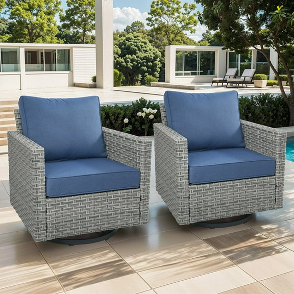 PARKWELL Outdoor Wicker Swivel Glider Chairs Set of 2,All-Weather Rattan Swivel Rocking Lounge Chair,Patio Swivel Bistro Furniture Sets for Garden, Deck, Backyard,Taupe/Navy