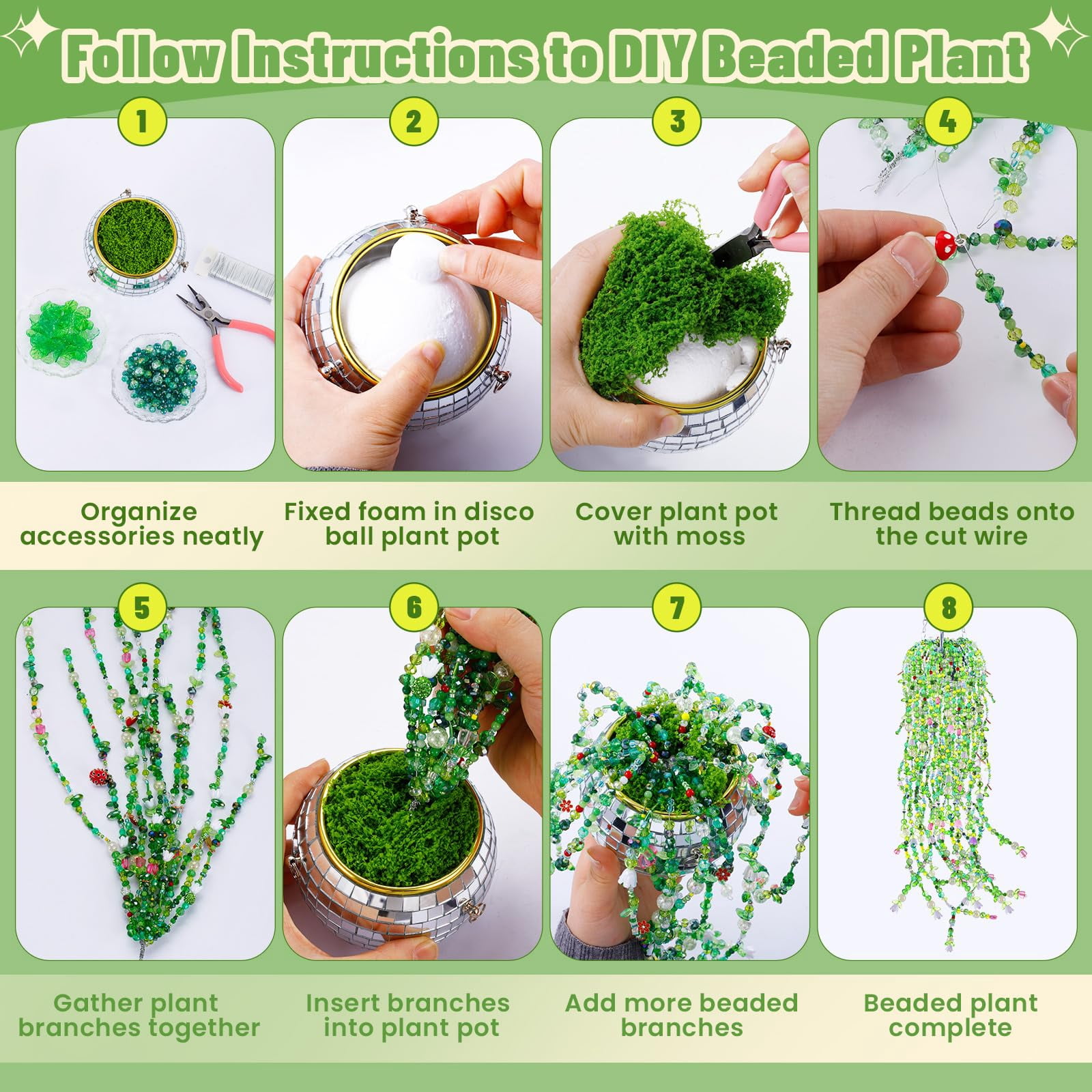 5500 Pcs DIY Beaded Plant Kit, Forever Plant Beaded Leaf Flower Beads Plant Making Equipped with a Flower Pot,Green Glass Crystal Waterdrop