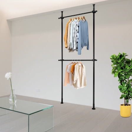 2 Tiers Clothes Hanger Closet Holder, Adjustable Telescopic Garment Rack for Rooms