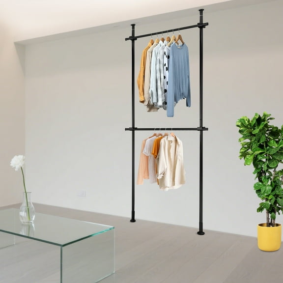 2 Tiers Clothes Hanger Closet Holder, Adjustable Telescopic Garment Rack for Rooms