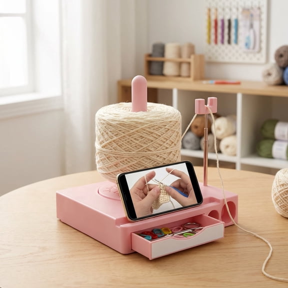Portable Multi-Functional Yarn Holder Spinner with Phone Stand, Detachable Yarn Spool Box & Crochet Accessories Organizer for Knitting Lovers(Pink)